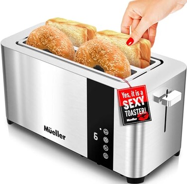 Mueller UltraToast Full Stainless Steel Toaster 4 Slice, Long Extra-Wide Slots with Removable Tray, Cancel/Defrost/Reheat Functions, 6 Browning Levels with LED Display, Kitchen Essentials &amp; Gadgets