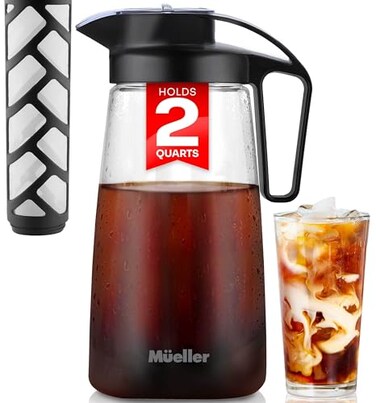 Mueller Cold Brew Coffee Maker, 64 oz Tritan Fortified Pitcher, Pour Spout Handle Lid, Resilient Airtight &amp; Leak-Proof for Iced Coffee Tea