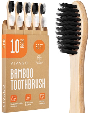 VIVAGO Biodegradable Bamboo Toothbrushes Soft Bristles 10 Pack - BPA Free Soft Bristles Toothbrushes for Adults, Eco-Friendly, Compostable Natural Wooden Toothbrush