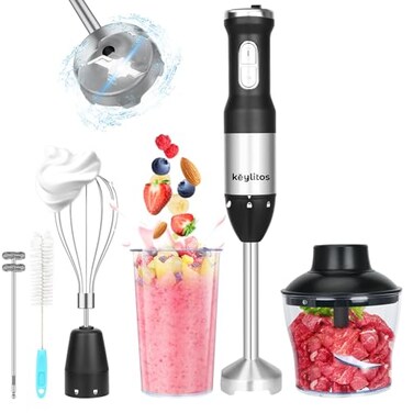 Keylitos 5 in 1 Immersion Hand Blender Mixer, [Upgraded] Handheld Stick Blender with 600ML Chopper, 800ML Beaker, Whisk and Milk Frother for Smoothie, Baby Food, Sauces Red,Puree, Soup (Black)