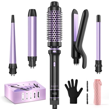 5 in 1 Curling Iron, Curling Wand Set with Thermal Brush, Flat Iron Hair Straightener, 3 Ceramic Curling Irons (0.35"-1"), 13 Adjustable Temps, Hair Curler Waver with Heat Resistant Mat, Glove, Clip