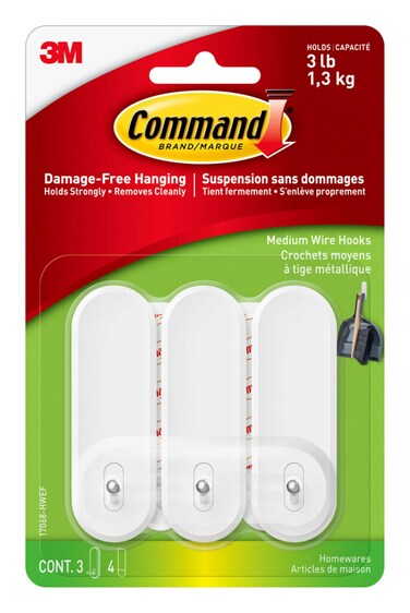 Command Medium Wire Hooks, Holds up to 3 lb, 3 Hooks, 4 Strips, Damage free Hanging Wall Hooks with Adhesive Strips, No Tools Wall Hooks for Organization in Living Spaces