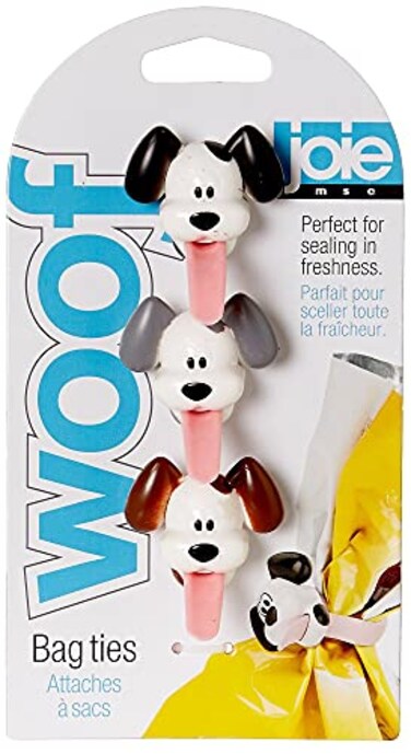 Joie Woof Multi-Use Reusable Kitchen Ties, Keep Food Bags Closed for Freshness, Organize Cords, Cute Cloth Napkin Ring, Set of 3, Dog-Themed Storage Gadget, Silicone Chip Clips