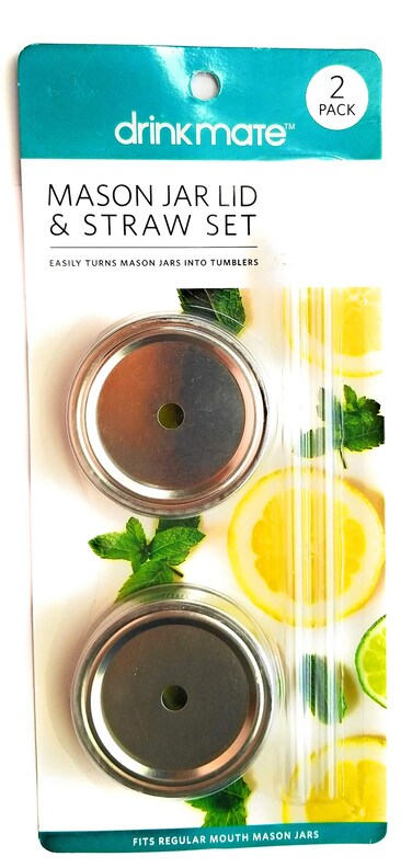 Drinkmate Mason Jar Lid and Straw Set (Pack of 2). Regular Mouth Mason Jars. Jars into tumblers. Straw Holes. Silver lid