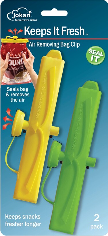 Jokari Air Removing Bag Clips 2 Pack. Keep Chips, Cereal Bread or Snacks Fresh and Crisp Longer. The Easy Way to Seal Bags and Remove Air to Keep Food Fresh and From Getting Stale or Losing Crunch