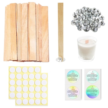Visgaler 200 Pcs Thickned Wooden Candle Wicks. 5.1 X 0.5 X 0.06 Inch Upgrade Crackling Wooden Wicks, Long Lasting Smokeless Wood Wicks with Iron Standers, Wick Stickers, and Warning Labels- 50 Sets
