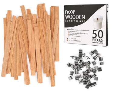 NOOR 50 Wooden Wicks for Candle Making - Double Layer Crackling Wood Wicks with Metal Clips - Smokeless, Eco-Friendly, Ideal for Soy Wax &amp; DIY Candle Projects