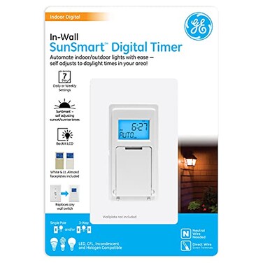 GE SunSmart Digital in-Wall Timer, Daily ON/Off Times, Programmable Settings, Sunset/Sunrise Presets, Vacation Security, White &amp; Almond, Lights, Fans, Heaters, Timer Switch, Light Switch Timer, 32787