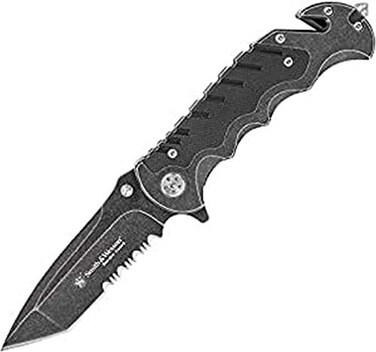 Smith &amp; Wesson Border Guard SWBG10S 8.3in High Carbon S.S. Folding Knife with 3.5in Serrated Tanto Blade and Aluminum Handle for Outdoor, Tactical, Survival and EDC ,Black