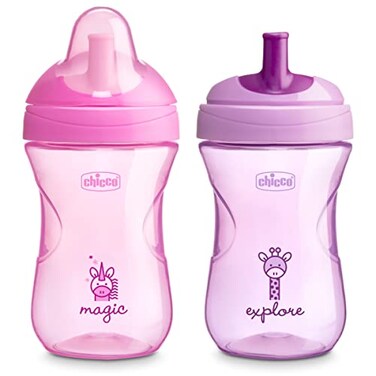 CHICCO Sport Spout Trainer with Semi-Firm, Bite-Resistant Spout and Spill-Free Lid 9oz.  Top-Rack Dishwasher Safe   Easy to Hold with Ergonomic Indents   Pale Pink/Lavender, 2pk  9+ months