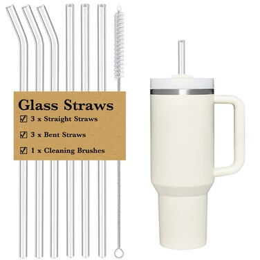 Reusable Straw for Stanley 40 oz 30 oz Cup Tumbler Replacement Stanley Straw 6 Pack Clear Glass Straw with Cleaning Brush Stanley Cup Accesspries