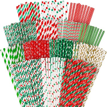 Outus 200 Pcs Christmas Paper Straws Christmas Straws for Drinking Colorful Disposable Holiday Paper Straws Bulk Striped Dot Christmas Tree Pattern Straws for Christmas New Year Wedding Accessories