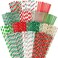 Outus 200 Pcs Christmas Paper Straws Christmas Straws for Drinking Colorful Disposable Holiday Paper Straws Bulk Striped Dot Christmas Tree Pattern Straws for Christmas New Year Wedding Accessories
