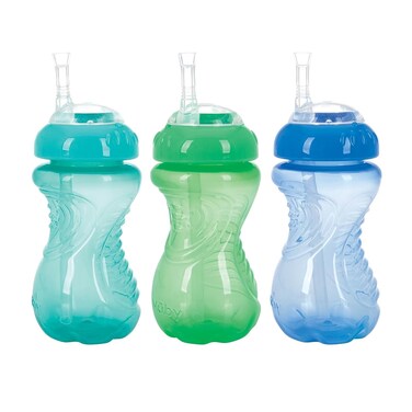 NUBY 3 Pack No Spill Flex Straw Toddler Sippy Cups - Toddler Cups Spill Proof with Easy and Firm Grip - Green, Blue, Aqua