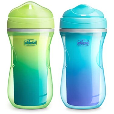 Chicco Double-Wall Insulated Sippy Cup with Bite-Proof Rim Spout and Spill-Free Lid 9oz.  Top-Rack Dishwasher Safe   Easy to Hold Ergonomic Indents   Green/Teal Ombre, 2pk  12+ Months