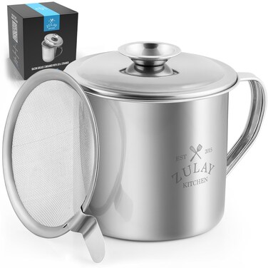 Zulay Bacon Grease Container With Strainer, Lid &amp; Handle -Large, 1L Stainless Steel - Perfect For Kitchen, Storing Ghee, Fats &amp; Frying/Cooking Oils