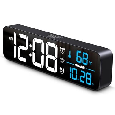 Sharp Digital Large Display Alarm Clock for Living Room Office Bedroom Date and Indoor Temperature Display, Weekend and Weekday Alarm Settings, 5-Step Dimmer Function