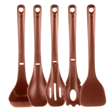 NutriChef Kitchen Cooking Utensils Set-Includes Spatula, Pasta Fork, Solid, Slotted Spoon &amp; Tool Seat, Works with Model: NCCWSTKBR (Brown), One Size