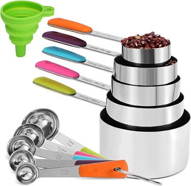 Bopei Measuring Cups and Spoons Set Stainless Steel 11 Piece for Cooking and Baking Kitchen Funnel