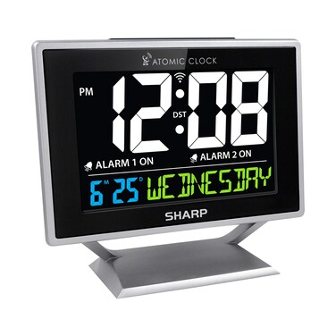 Sharp Desktop Dual Alarm Clock with Color Display - Atomic Accuracy - Calendar &amp; Day of Week Time/Date Display