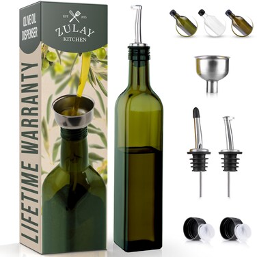 Zulay Olive Oil Dispenser For Kitchen, Glass Oil Container With Spout, Oil Decanter/Cruet Dispenser, Bottle Dispenser With Pourers and Funnel, 17oz Bottle (Green)