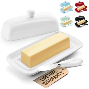 Zulay Butter Dish With Lid For Countertop - Porcelain White, Ceramic Butter Dish with Knob Handle Great for Cooking - Elegant Design Butter Holder - Durable &amp; Sturdy Butter Keeper - White
