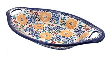 Blue Rose Polish Pottery Butterfly Bread Tray with Handles