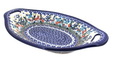 Blue Rose Polish Pottery Garden of Eden Bread Tray with Handles