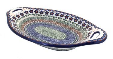 Blue Rose Polish Pottery Aztec Flower Bread Tray with Handles