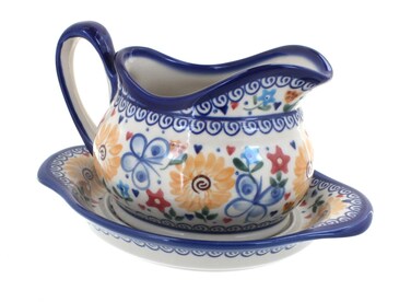 Polish Pottery Butterfly Gravy Boat and Plate