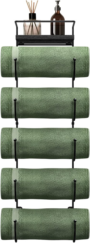 Sorbus Bathroom Towel Holder - 5 Tier Metal Towel Rack with Wood Shelf for Rolled Bath Towels, Washcloths, Linens, Hand Towels, Soaps &amp; Accessories - Wall Mounted Towel Rack for Bathroom Towel Storage
