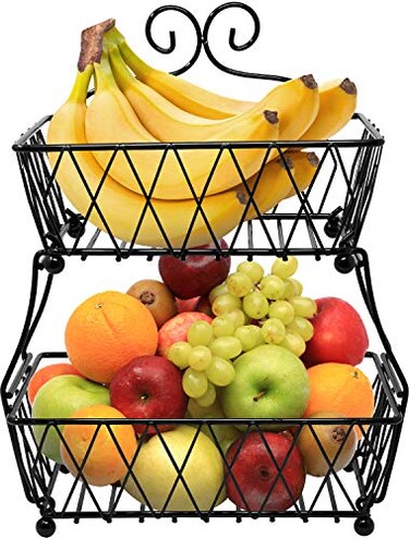 Sorbus Fruit Basket Display Stand, 2-Tier, for Vegetable, Fruit &amp; Bread Counter Storage for Kitchen, Bathroom, Rectangular Antique Metal (Black)