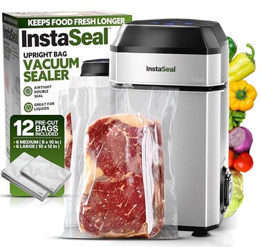 InstaSeal Food Vacuum Sealer Machine with 12 Bags, Compact Upright Food Sealer Vacuum Sealer for Food Allows to Seal Liquids, Marinades, Vegetables, Meats and More, Saver Keeps Food Fresher Longer