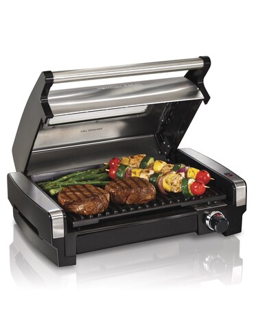 Hamilton Beach Electric Indoor Searing Grill with Viewing Window &amp; Adjustable Temperature Control to 450F, 118 sq. in. Surface Serves 6, Removable Nonstick Grate, Stainless Steel