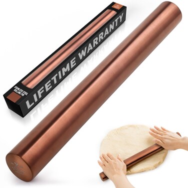 Zulay Kitchen 15.9 inch Professional Stainless Steel Rolling Pin - Lightweight Metal French Rolling Pin - Perfect for Baking, Fondant, Pizza Dough Roller, Dumpling - Copper