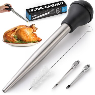 Zulay Kitchen Stainless Steel Turkey Baster for Cooking - Food Grade Metal Turkey Baster Syringe &amp; Silicone Suction Bulb - Turkey Baster Large Size - Includes 2 Detachable Needles and Cleaning Brush