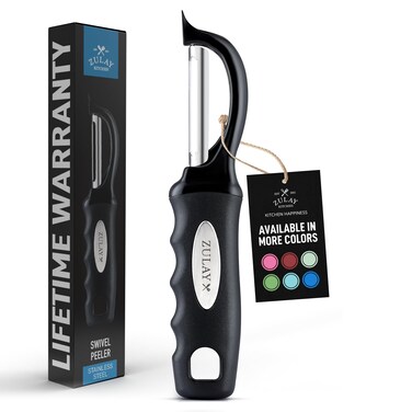 Zulay Kitchen Premium Vegetable Peeler for Kitchen - Swivel Peeler with Razor Sharp Stainless Steel Blades &amp; Strong Ergonomic Handle - Dishwasher Safe, Easy To Use with Blemish Remover - Black