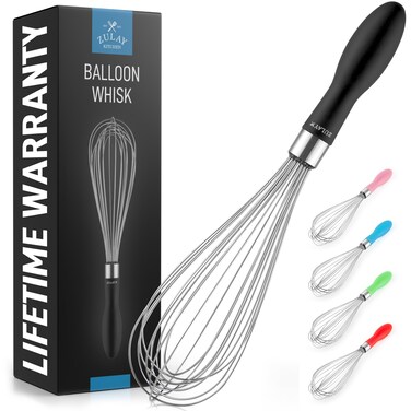 Zulay 11-Inch Stainless Steel Whisk - Balloon Whisk Kitchen Tool With Soft Silicone Handle - Thick Durable Wired Whisk Utensil For Blending, Beating, Whisking, Frothing, Stirring &amp; More (Black)