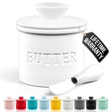 Zulay Kitchen Porcelain Butter Crock With Lid &amp; Knife - Authentic French Butter Dish For Fresh &amp; Spreadable Butter - White