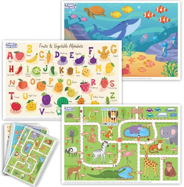 KIDDYKORNERZ 40 Pack Waterproof Disposable Placemats for Baby, Place mats for Kids, Toddler - Kids Placemats for Dining Table Tyke, Restaurants, and Travel (Aquarium, Alphabet and Zoo Theme)