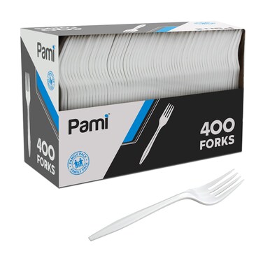 PAMI Medium-Weight Disposable Plastic Forks [400-Pack] - Bulk White Plastic Silverware For Parties, Weddings, Catering Food Stands, Takeaway Orders &amp; More- Sturdy Single-Use Partyware Forks