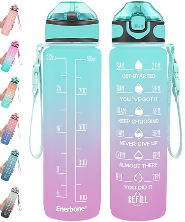 Enerbone 32 oz Drinking Water Bottle with Times to Drink and Straw, Motivational with Carrying Strap, Leakproof BPA &amp; Toxic Free, Ensure You Drink Enough Water for Fitness Gym Outdoor