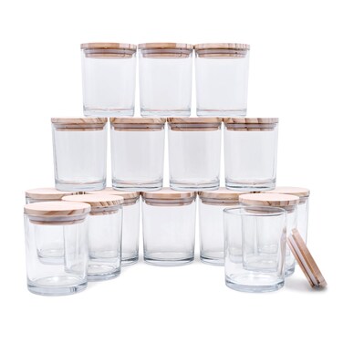 SHOWIN Thick Candle Jars for Making Candles 16 Pcs, 7 OZ Empty Jars with Wood Lids for Candle Making, Sample Container, Clear