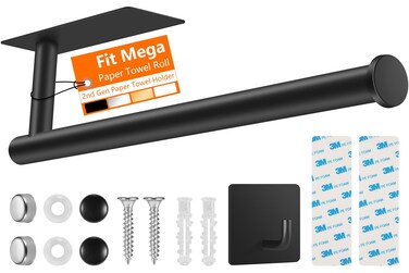 2nd Gen Paper Towel Holder Under Cabinet, [More Studry] Self Adhesive or Drilling Paper Towel Holder Wall Mount for Kitchen, RV, [Fit Mega PapAer Towel Roll] SUS304 Stainless Steel(Pack of 1, Black)