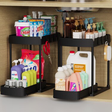 ukeetap 2 Pack Multi-Purpose Pull-Out Storage Organizers, Under Sink Organizers and Storage for Bathroom &amp; Kitchen, Under Cabinet Organizers and storage, 12.8 Inch, Black