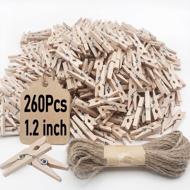 Mini Clothes Pins, 260 PCS Small Wooden Clothes Pins with Jute Twine, Clothespins, Clothes Pins for Photos Crafts DIY Project