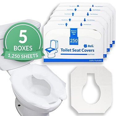 Reli. Toilet Seat Covers (1250 Pcs, 5 Packs of 250)   Disposable Toilet Seat Cover - Flushable - 14x16" (Half-Fold)   Paper Liners for Restroom, Bathroom, Travel, Camping, Kids Potty Training