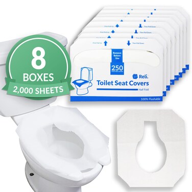 Reli. Toilet Seat Covers (2000 Pcs, 8 Packs of 250)   Disposable Toilet Seat Cover - Flushable - 14x16" (Half-Fold)   Paper Liners for Restroom, Bathroom, Travel, Camping, Kids Potty Training
