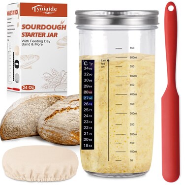 Sourdough Starter Jar Kit, 650ml Sourdough Starter Jar With Thermometer, Silicone Scraper, Cloth Cover And Aluminum Lid. Reusable Sour Dough Starter Jar