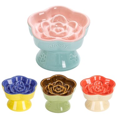 S&amp;Q's CERAMICS Raised Slow Feeder Cat Bowl, Ceramic Elevated and Titled Glass Cat Food Bowl Small Dogs Slow Feeder Bowl, Flower Shaped Cute Cat Bowl for Dry and Wet Food (Pink, 5.8")